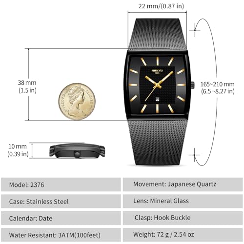 NIBOSI Men's Analog Watch, Square Dial Mesh Strap, Date Display - Product Imagery