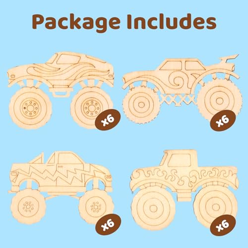 24 Pack Monster Truck Party Favors, DIY Wood Painting Craft Kit - Product Imagery