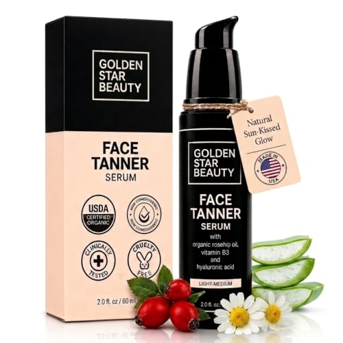 Face Tanner – Self Tan Serum w/Hyaluronic Acid and Organic Oils, Self Tanners Best Sellers, Facial Sunless Tanner for Natural Sunkissed Glow, Fake Tan Moisturizer, 2.0 fl - GOLDEN STAR BEAUTY Official Product View 1