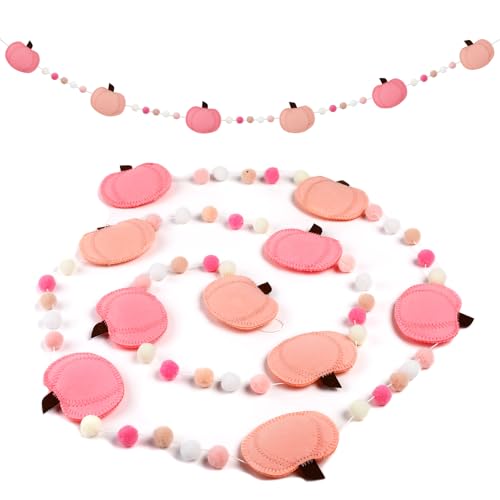 8.6FT Felt Pumpkin Garland Fall Pom Pom Banner Decorations, - Product Imagery