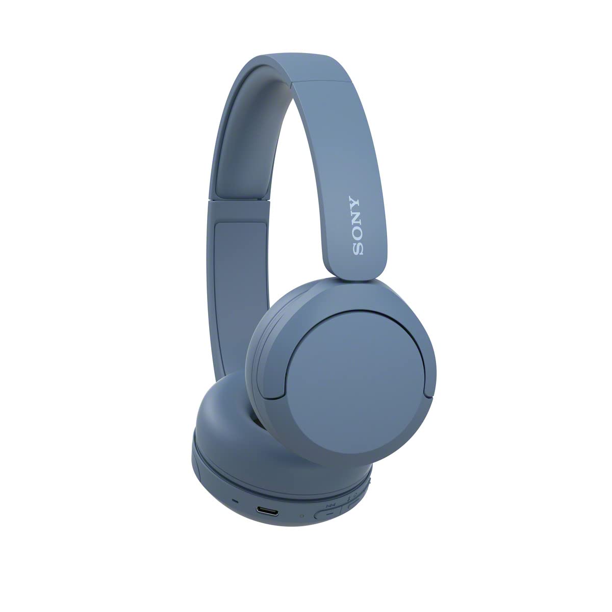 Blue Sony WH-CH520 wireless on-ear Bluetooth headphones with microphone, showing the sleek earcup design and adjustable headband.