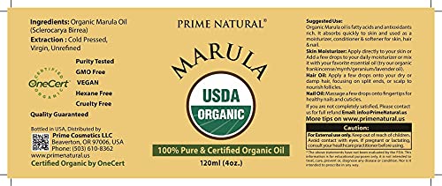 PRIME NATURAL Organic Marula Oil, Pure, Cold Pressed, USDA - Product Imagery