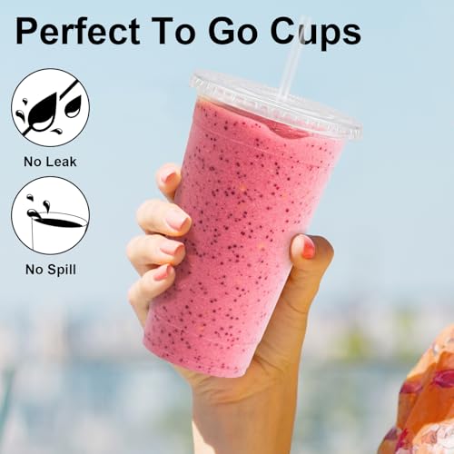 Lamosi 100 Pack 20 oz Plastic Coffee Cups with Lids, Disposable - Product Imagery