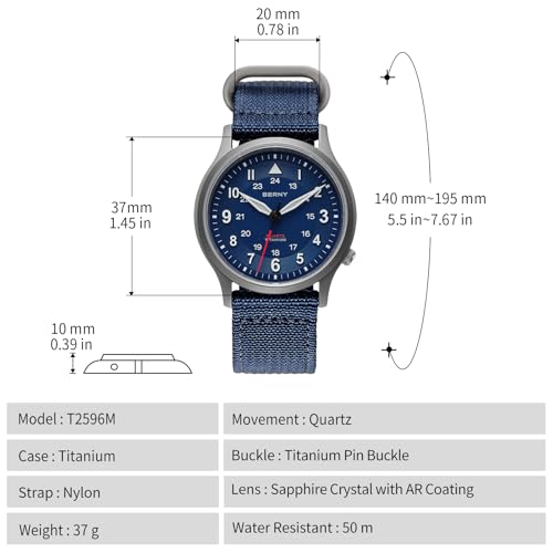 BERNY Titanium Field Watch for Men, Unisex Quartz 5ATM - Product Imagery
