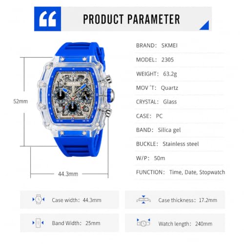 MASTOP Fashion Hollowed Men Watches Tonneau Transparent Silicone - Product Imagery