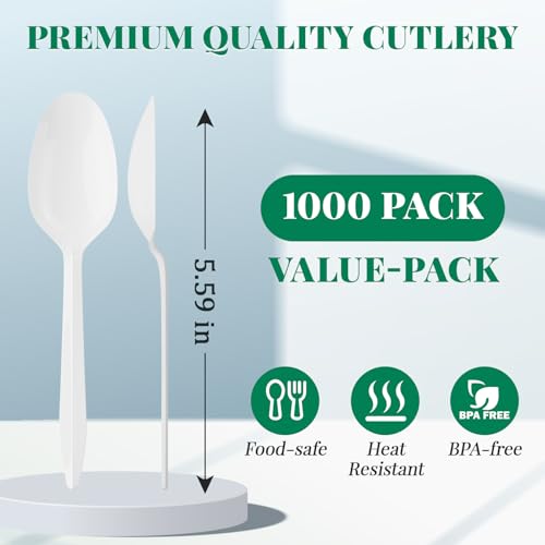 FOCUSLINE 1000 Pack Plastic Teaspoons White, Disposable Spoons - Product Imagery