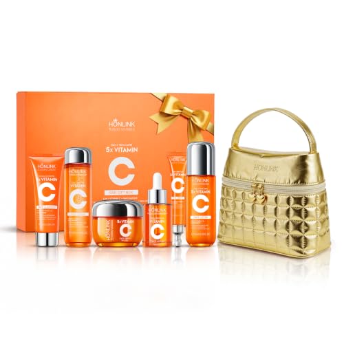 Vitamin C Skincare Gift Set Bundle + Gold Cosmetic Bag for Her - Product Imagery