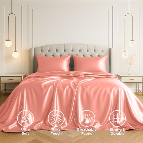 Satin Sheets Twin [3-Piece, Blush Pink] Hotel Luxury Silky Bed - Product Imagery