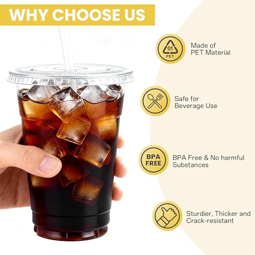100 Pack 16 oz Plastic Cups with Lids and Straws, Clear - Product Imagery