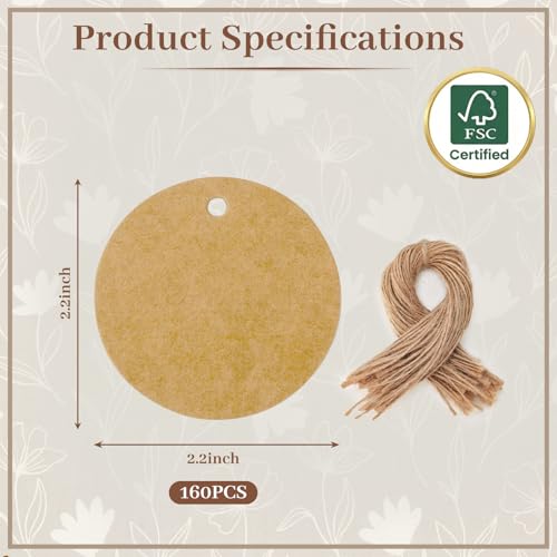 Round Kraft Gift Tags with String, 160 Pack 2.2 inch - Product Imagery