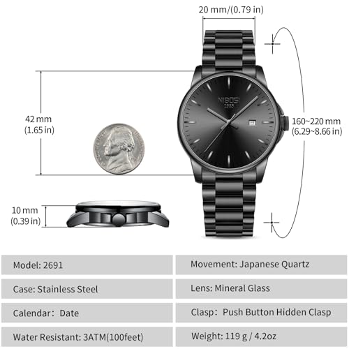 NIBOSI Men Watches Analog Quartz Stainless Steel Black Watches - Product Imagery