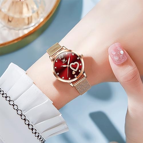 OLEVS Women's Rose Gold Watch, Small Wrist Heart Diamond Mesh - Product Imagery