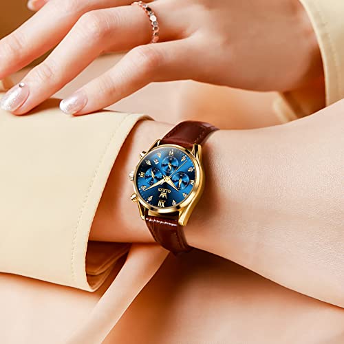OLEVS Women's Watches Brown Leather Strap Analog Quartz Rose - Product Imagery