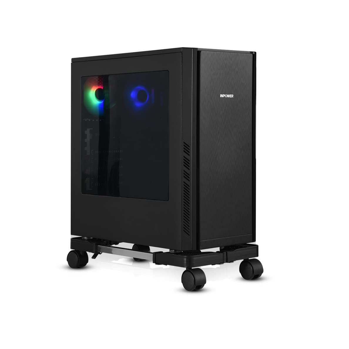 Black YOSE adjustable computer tower stand with rolling caster wheels, ideal for gaming PC cases on floor carpets.