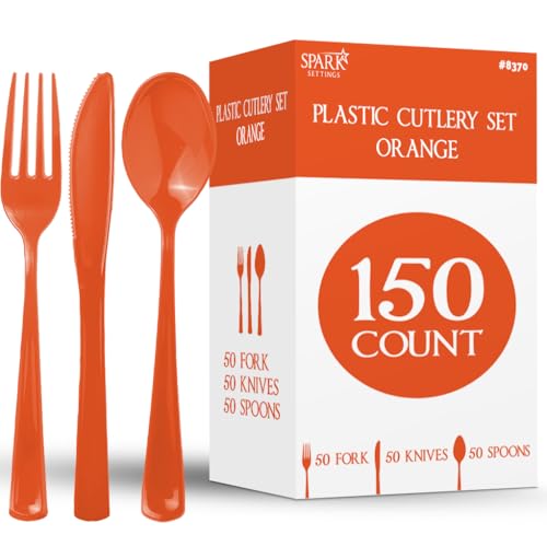 150 Pack Plastic Silverware Heavy Duty, Orange Disposable - Product Imagery