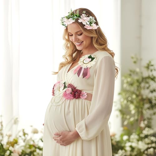 Baby Shower Sash Set Mom to Be Sash Dad to Be Pin Flower Belt - Product Imagery