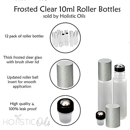 12-Pack Frosted Clear Glass Roller Bottles with Brushed Silver - Product Imagery