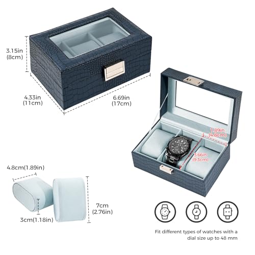 ProCase Watch Box, 3 Slot Mens Watch Display Case, CrocCobaltBlue - Product Imagery