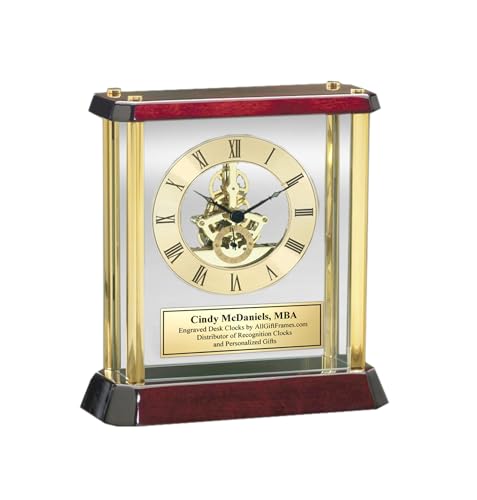 Desk Clock Brass Pillar Gold Engraved Anniversary Retirement - Product Imagery