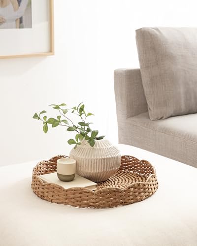 Kate and Laurel Wavley Modern Round Scalloped Woven Rattan Tray, - Product Imagery