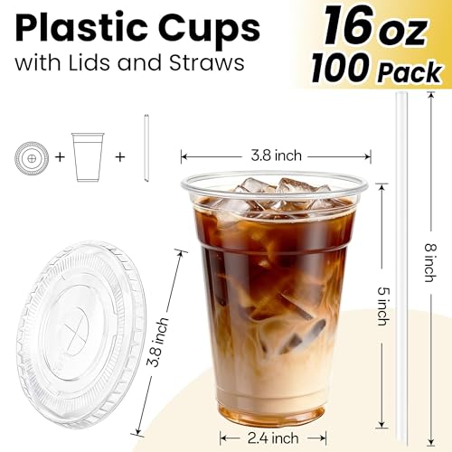100 Pack 16 oz Plastic Cups with Lids and Straws, Clear - Product Imagery