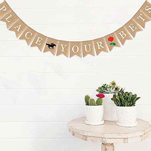 SWYOUN Burlap Place Your Bets Banner Kentucky Derby Party - Product Imagery