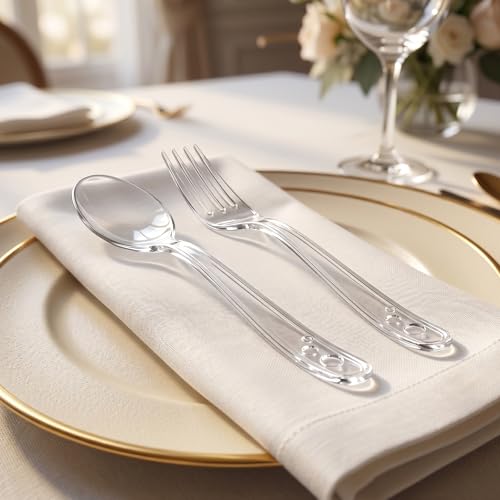 SACATR 100 Count Clear Plastic Silverware Heavy Duty -50 Forks, - Product Imagery