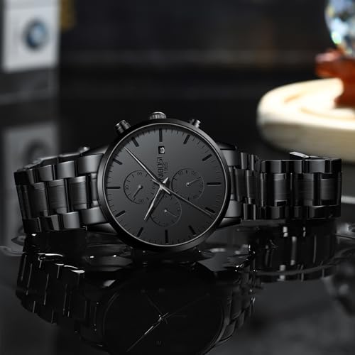 NIBOSI Men's Analog Chronograph Watch, Minimalist Black Dial - Product Imagery