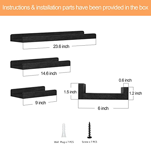 Black Floating Shelves Wall Mounted Set of 3, 23.6 Inch Rustic - Product Imagery