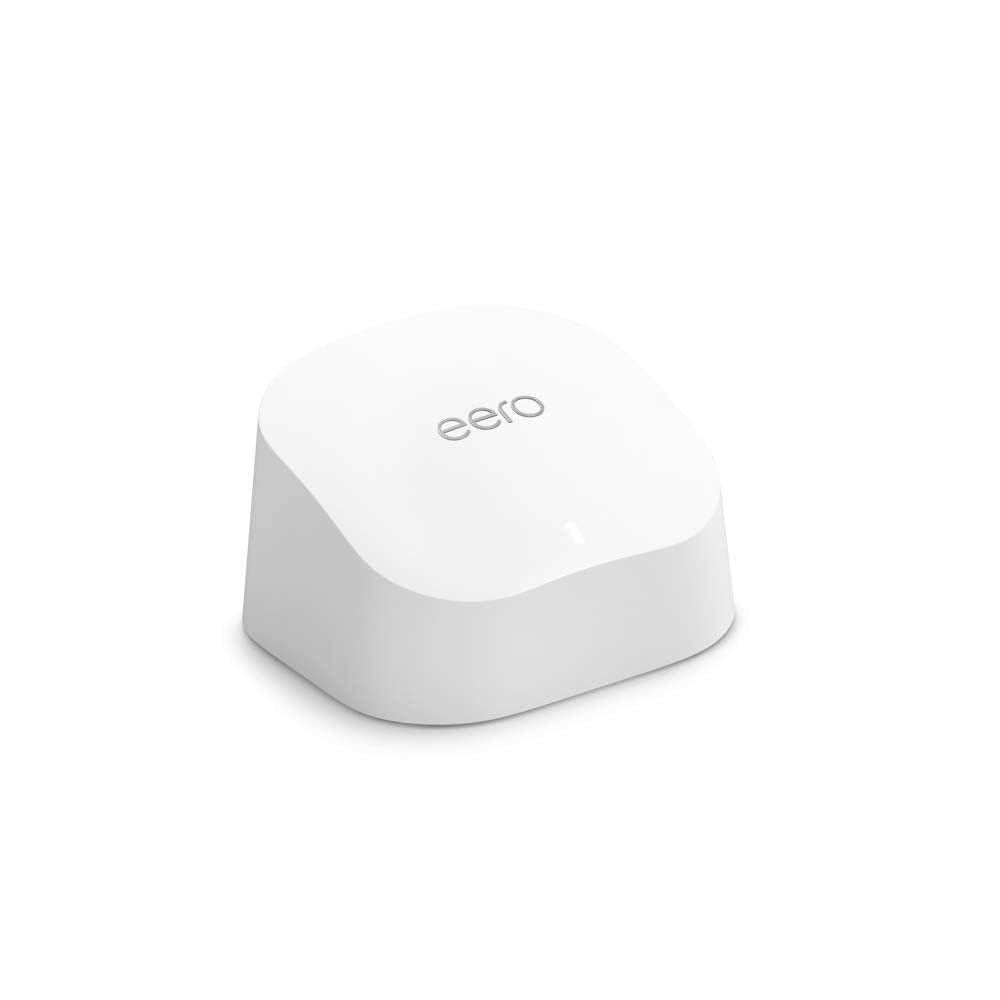 eero 6 mesh WiFi router by Amazon, showing sleek device with indicator lights and ports on the front.
