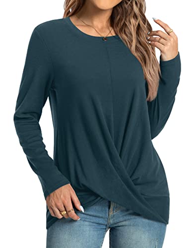 Women Tunic Tops, Long Sleeve Crewneck Shirt Twist Front Blouse - Product Imagery