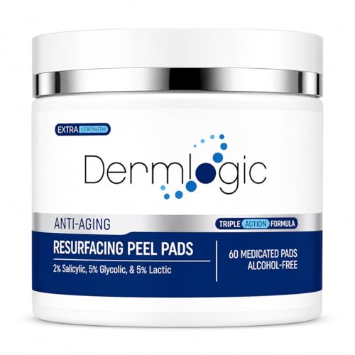 Dermlogic anti-aging resurfacing peel pads, triple action chemical facial peel with exfoliating pads and soothing ingredients.