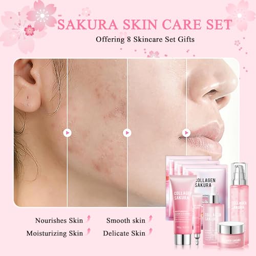 8PCS Skin Care Set, Moisturizing Cherry Blossom Facial Skin Care - Product Imagery