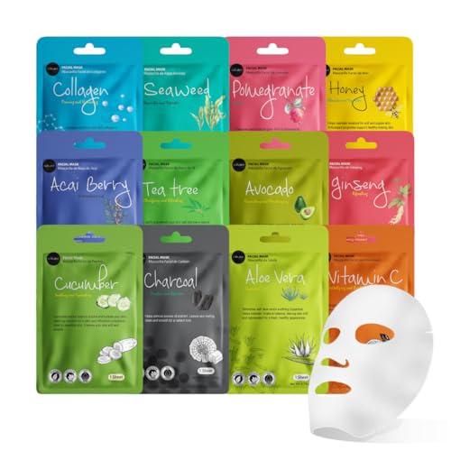Celavi Korean Face Mask Sheet Set, Facial Spa Masks for Women, - Product Imagery
