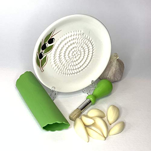 Premium Ceramic Garlic Grater Plate Set - White Olive - Product Imagery