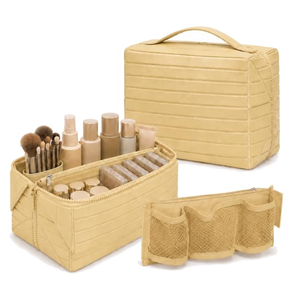 Large Beige Quilted PU Leather Makeup Train Case with - Fiacoy Official Imagery - 1