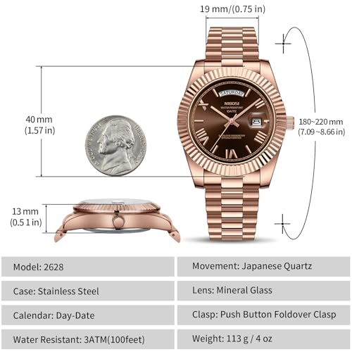 NIBOSI Men's Analog Quartz Watch, Rose Gold Stainless Steel, Day - Product Imagery