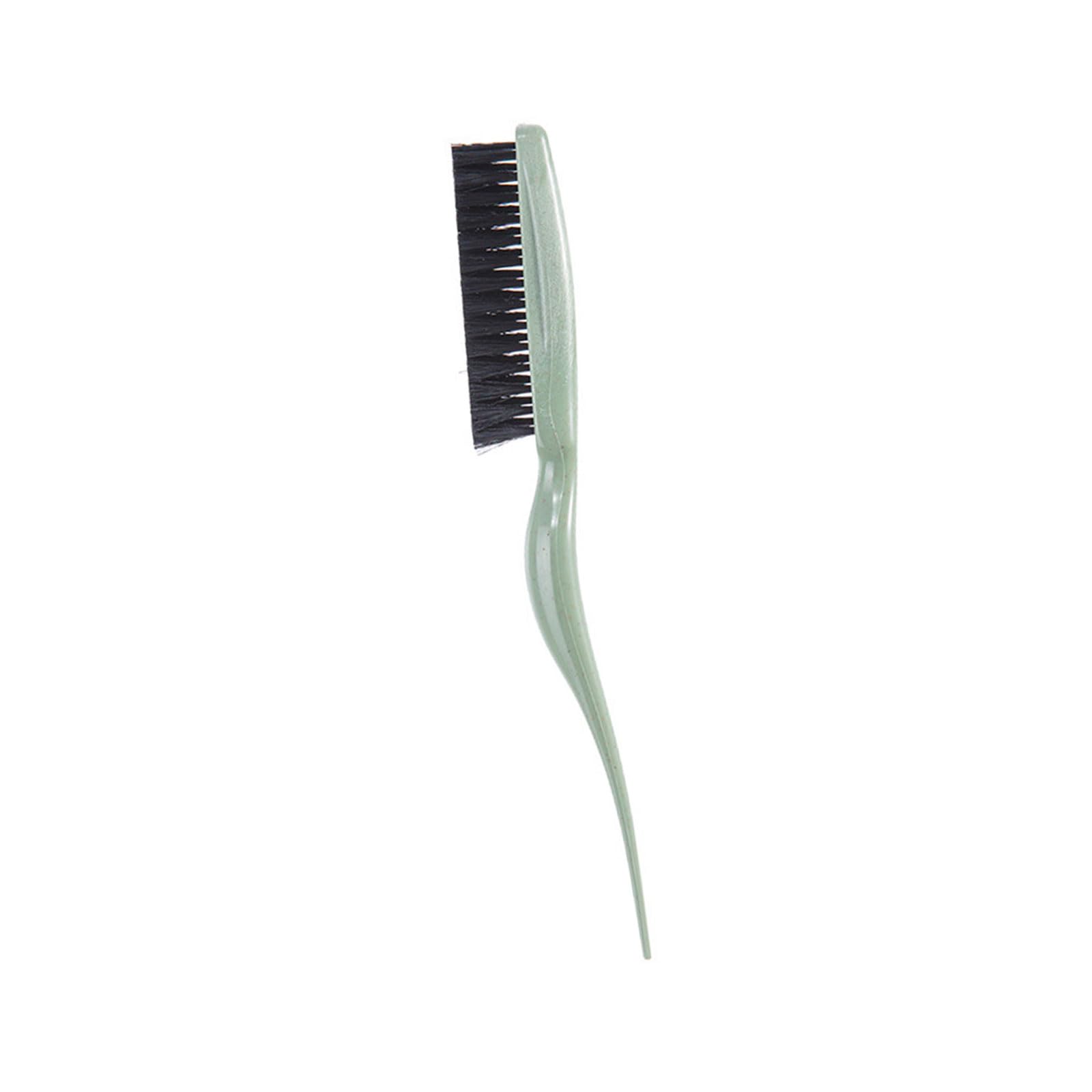 YUGSHNKFC teasing hair brush with green nylon bristles and tail handle for styling and detangling hair.