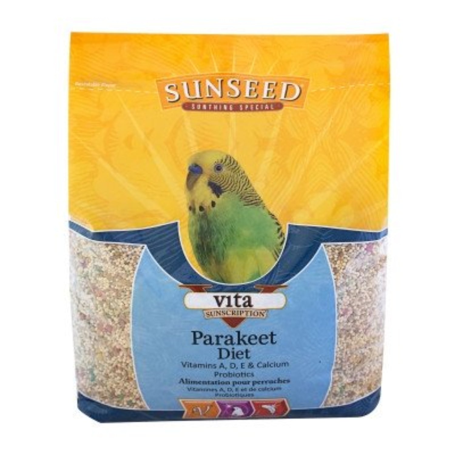 Sunseed Vita Sunscription Parakeet bird food in 5-pound bag with colorful packaging and bird illustrations.