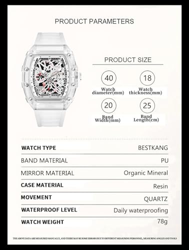 BESTKANG Fashion Hollowed Men Watches Transparent Tonneau Analog - Product Imagery