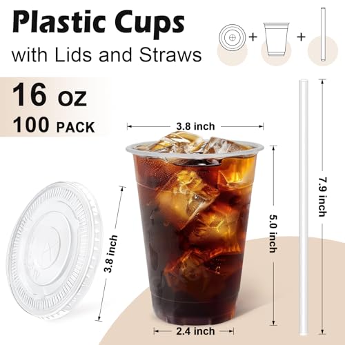 Lamosi 100 Pack 16 oz Clear Plastic Cups with Lids and Straws - Product Imagery