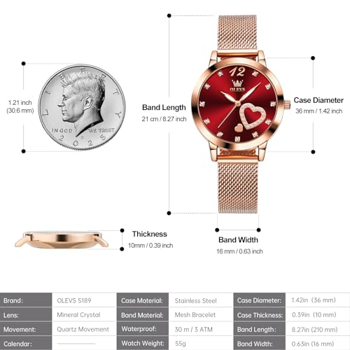OLEVS Women's Rose Gold Watch, Small Wrist Heart Diamond Mesh - Product Imagery
