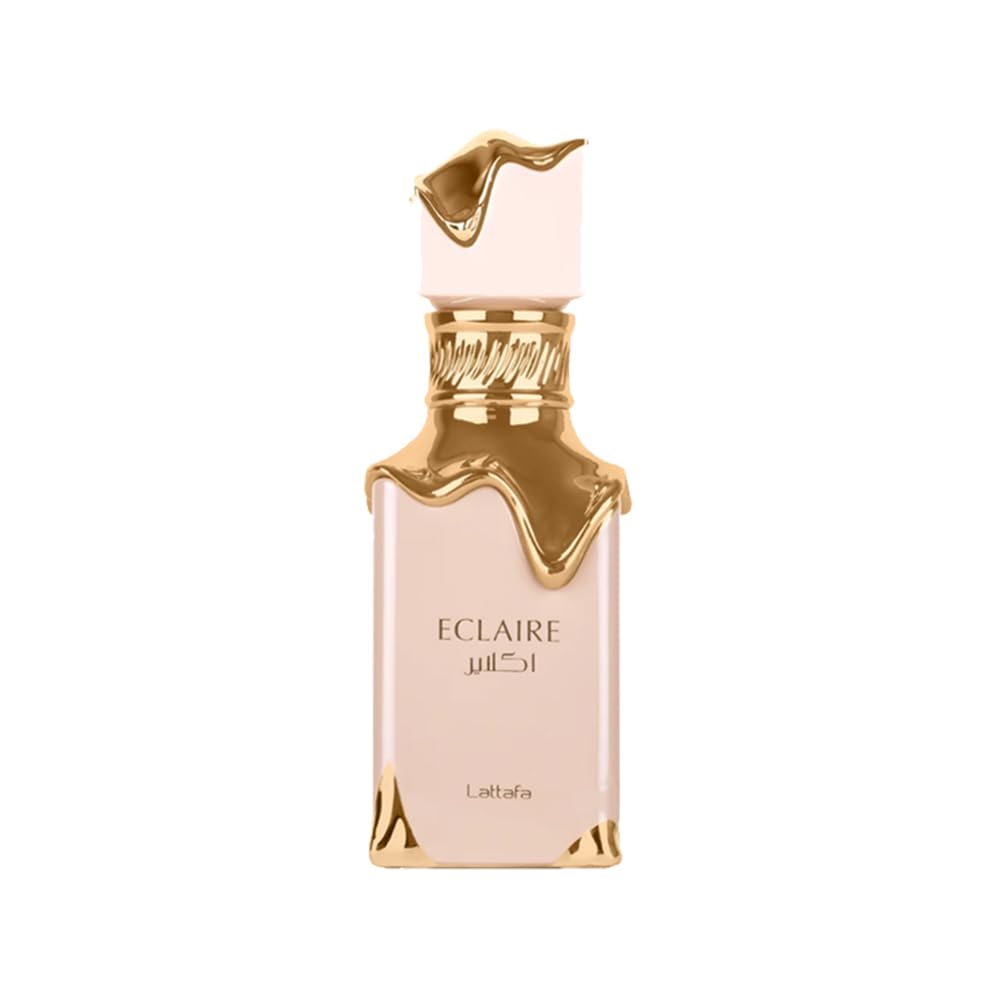 Lattafa Eclaire Eau de Parfum for women featuring vanilla, caramel, floral notes in a 3.4 oz bottle.