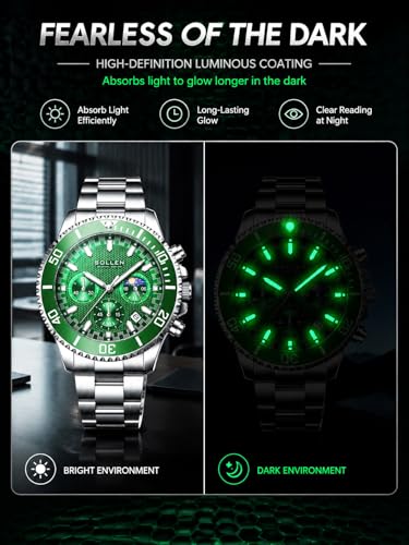 Green Men's Chronograph Watch, Dress Classic Analog Moon Phase - Product Imagery