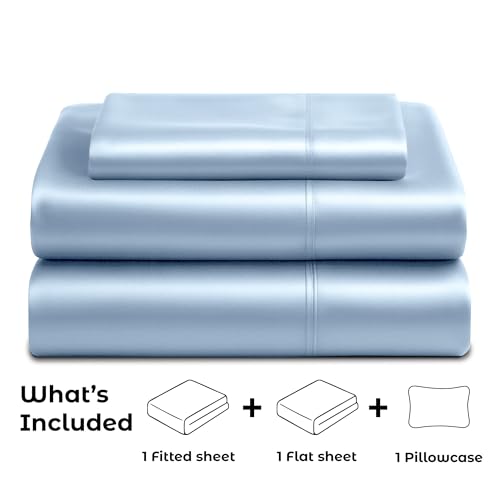 Satin Sheets Twin [3-Piece, Baby Blue] Hotel Luxury Silky Bed - Product Imagery