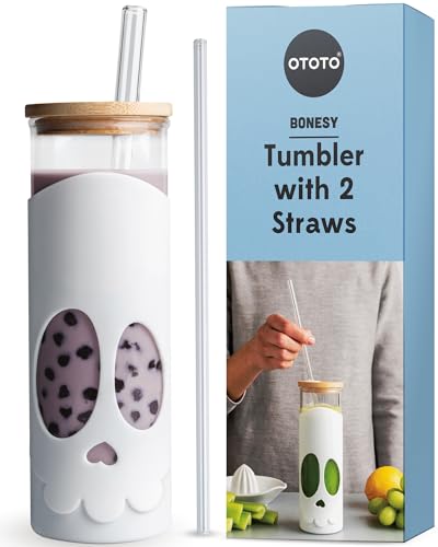 OTOTO NEW Bonesy Glass Tumbler with Straw and Lid - 16.90oz Cute - Product Imagery