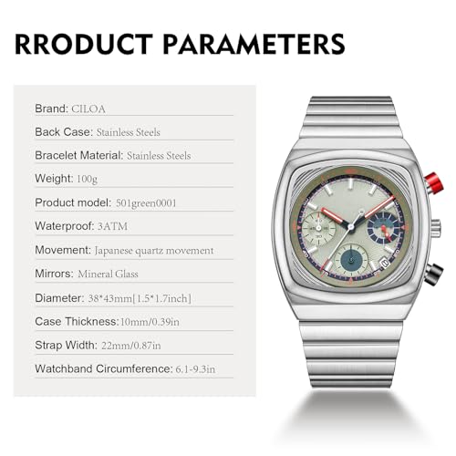 CILOA Mens Watches Chronograph Stainless Steel Waterproof Date - Product Imagery