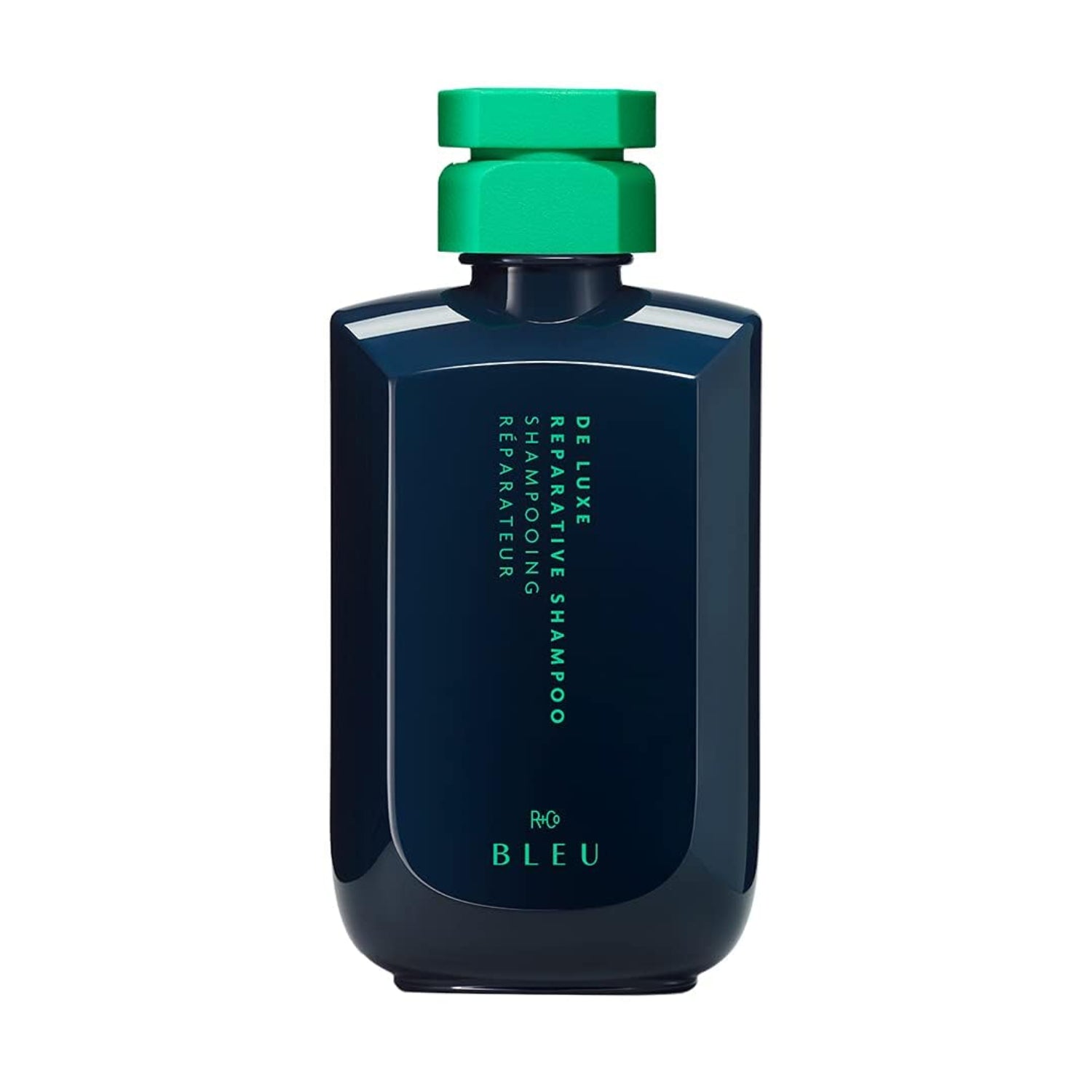 Elefair R+Co BLEU De Luxe Reparative Shampoo bottle, hydrating and strengthening hair care product with a sleek blue bottle.
