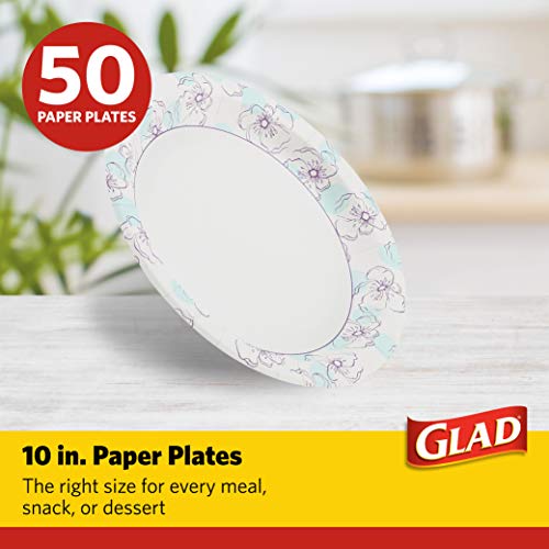 Glad Round Paper Plates, Blue Flower Design, 10 Inch, 50 Count - Product Imagery