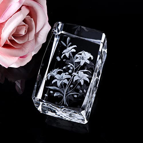 3D Engraving Crystal Cube Lily Flower with Colorful Base, - Product Imagery
